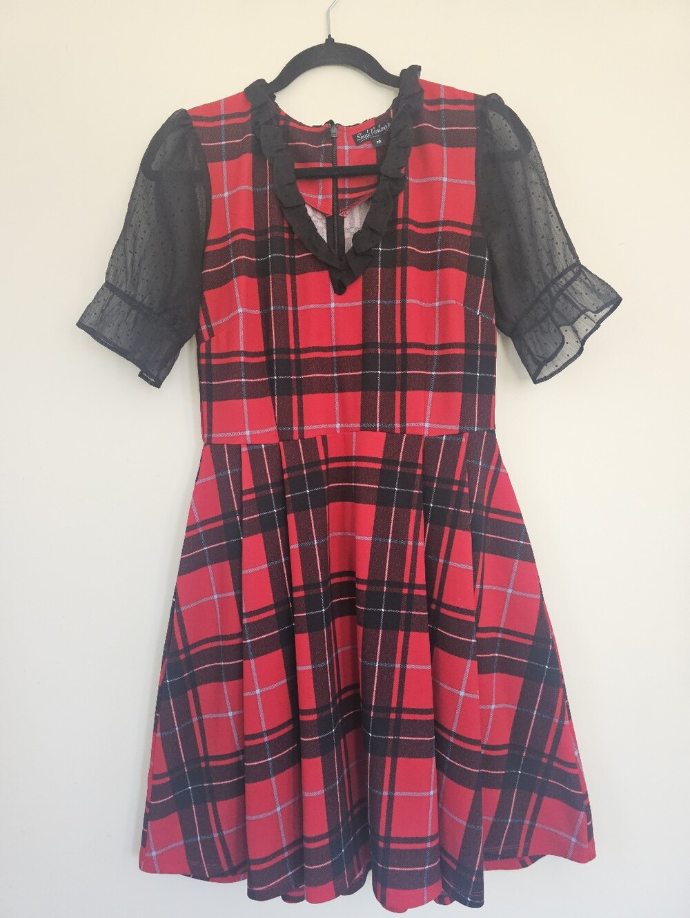 Smak Parlour Red Plaid Puff Sleeve Dress Fit & Flare Size Medium